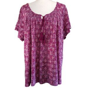 FADED GLORY Knit Peasant Top Short Sleeve Summer Boho Fringe Tie Plus Size 2X